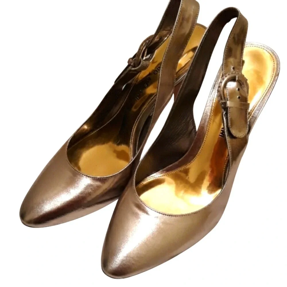 Antonio Melani Gold Metallic‎ Leather Slingback Heels Pointed Toe Pumps 8.5M